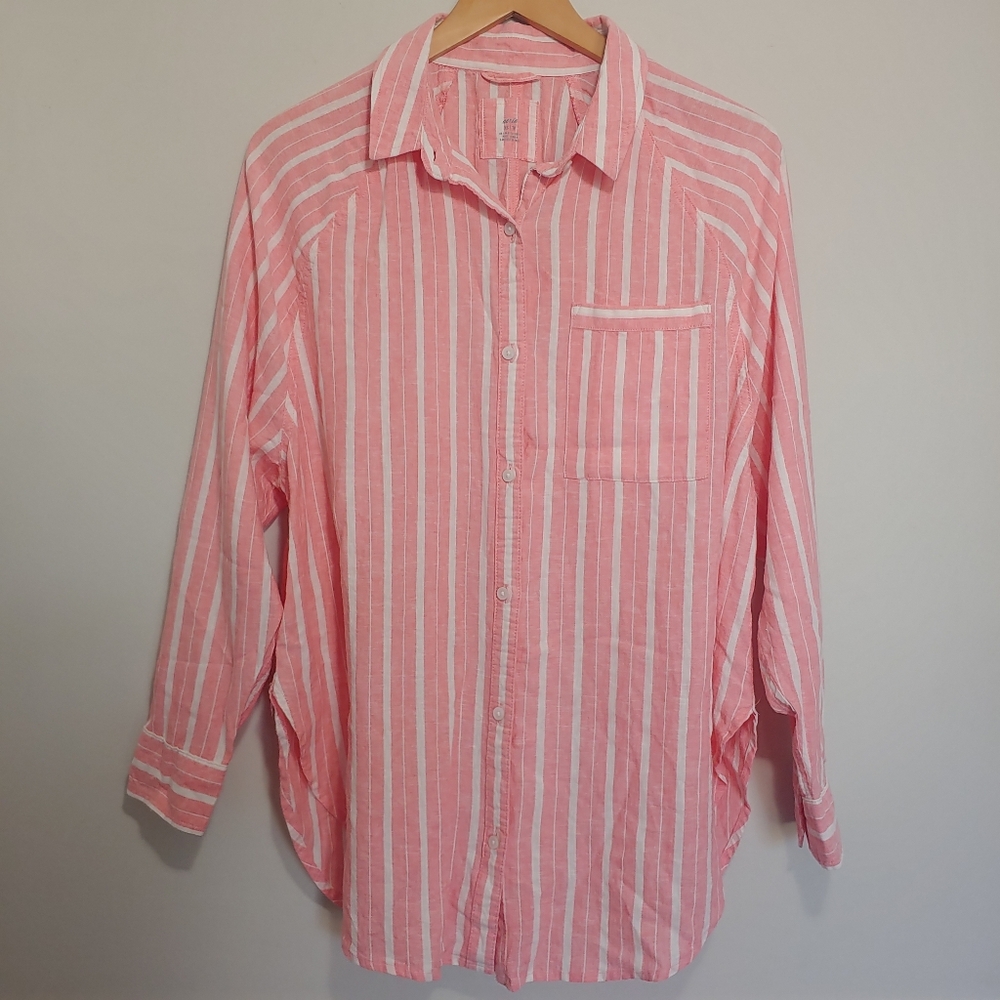 aerie Pool to Party Linen Blend Coverup Shirt Spicy Coral Striped XS
